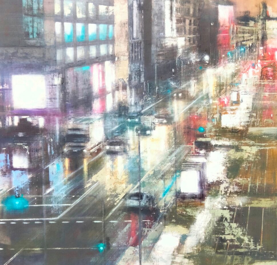 Nieve en Gran Vía.Madrid.95x95 cm.Oleo sobre lino.